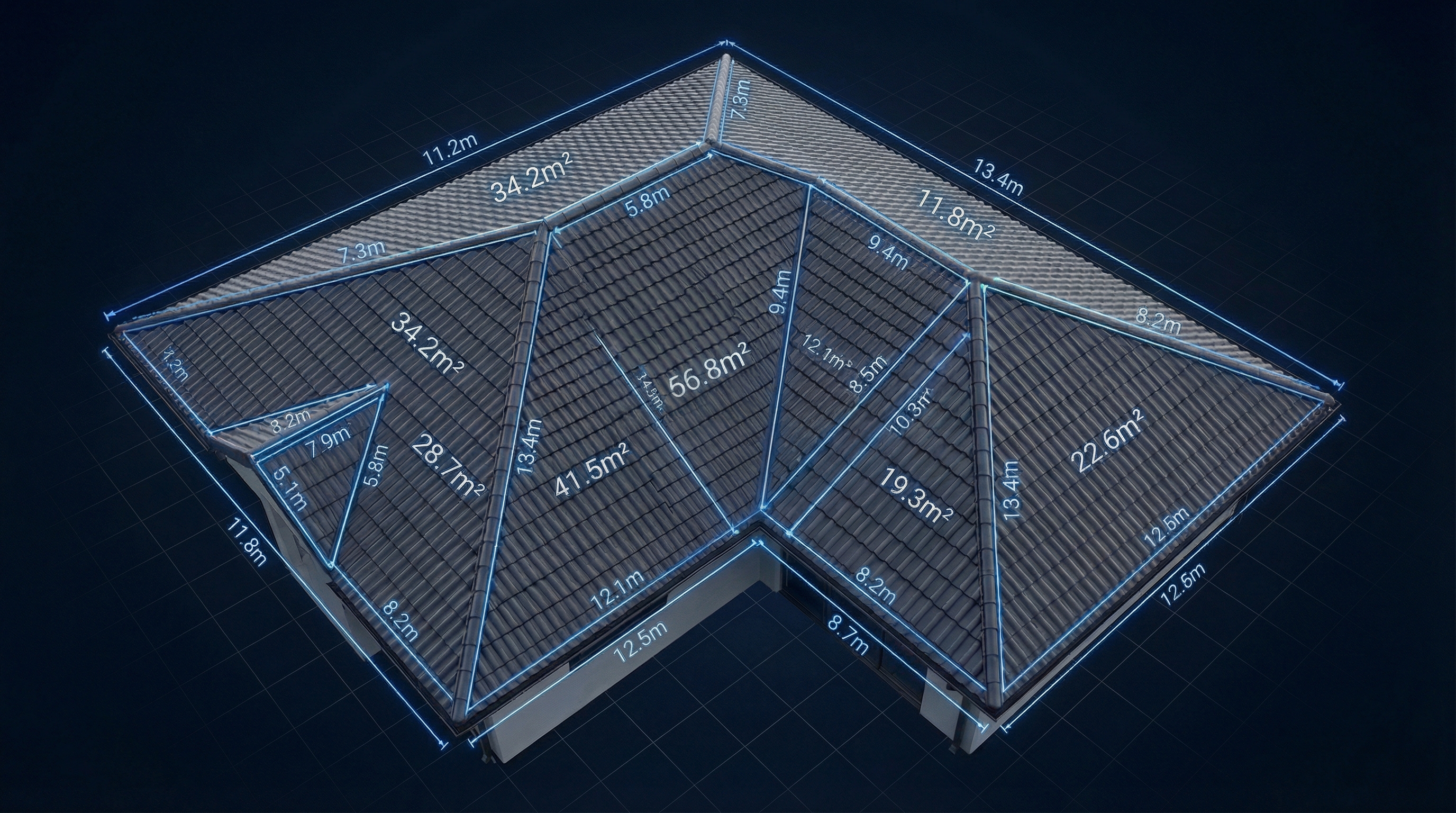 3D model of a roof with measurements